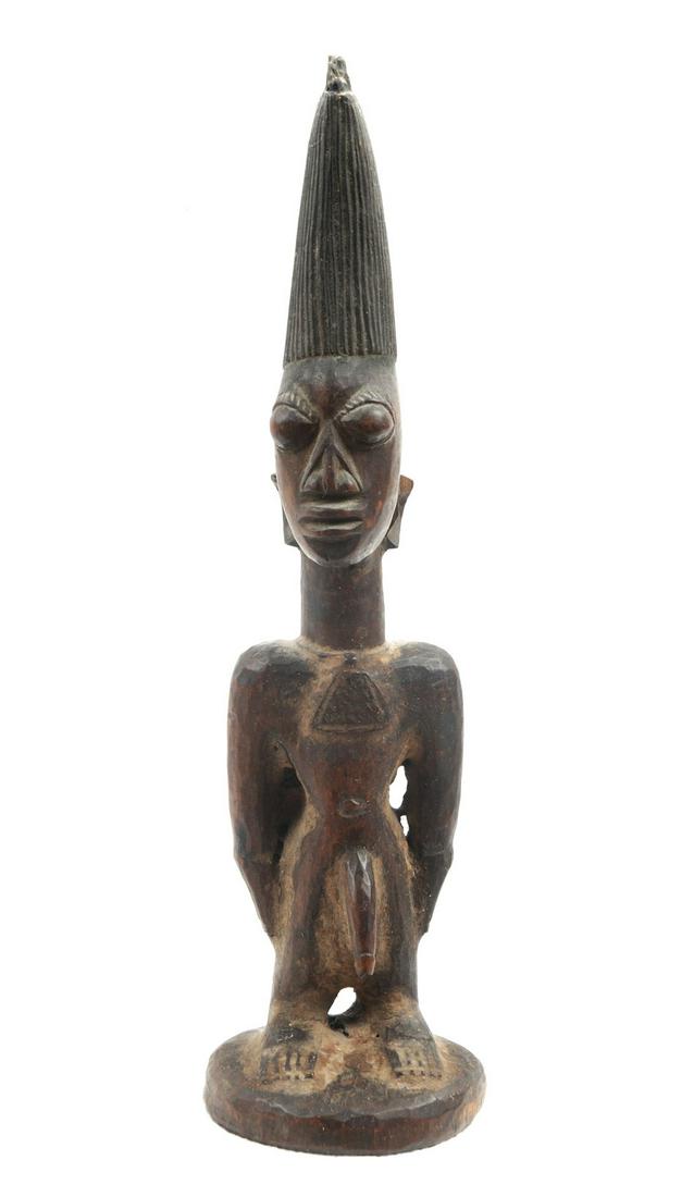 AFRICAN YORUBA IBEJI TWIN MALE CARVED FIGURINE, - Height: 12.5 inches.: AFRICAN YORUBA IBEJI TWIN MALE CARVED FIGURINE. Hand carved and decorated wooden artifact adquired in Africa between 1968 and 1971. - Height: 12.5 inches.