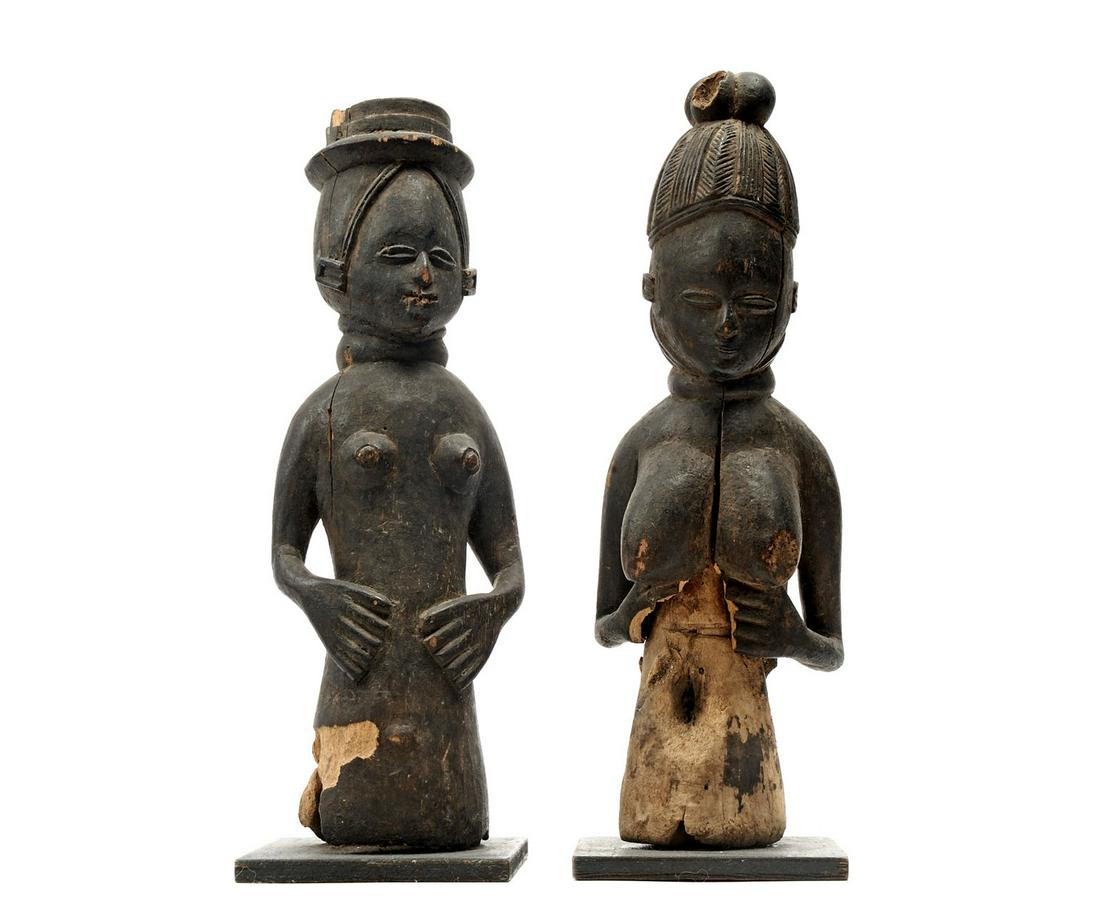 AFRICAN PAIR OF WEATHERED LIBERIAN MENDE CEREMONIAL FIGURES, - Height: 13.5 inches. (1 of 1)