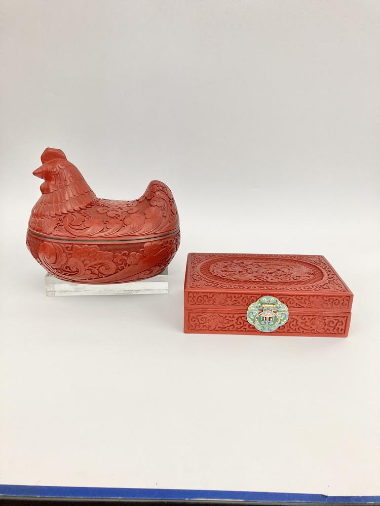 TWO ITEMS CHINESE CINNABAR. - L: 11"; jewelry box, 10 3/4" x 7 1/4". (1 of 20)