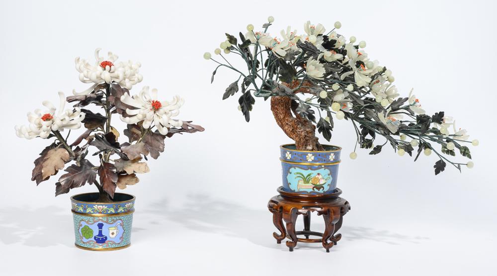 TWO SIMILAR CARVED HARDSTONE FLOWERING TREES IN CLOISONNE MINIATURE PLANTERS. (1 of 13)