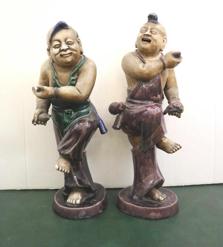 PAIR ANTIQUE CHINESE BISCUIT PORCELAIN FIGURES WITH AUBERGINE, GREEN AND BLUE ENAMEL HIGHLIGHTS, - (1 of 12)
