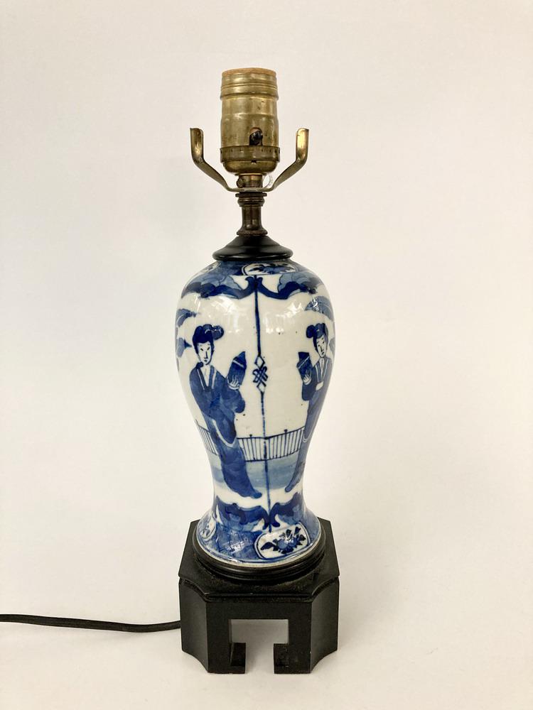 CHINESE BLUE AND WHITE PORCELAIN BALUSTER-FORM VASE DRILLED AND MOUNTED AS TABLE LAMP, (1 of 4)
