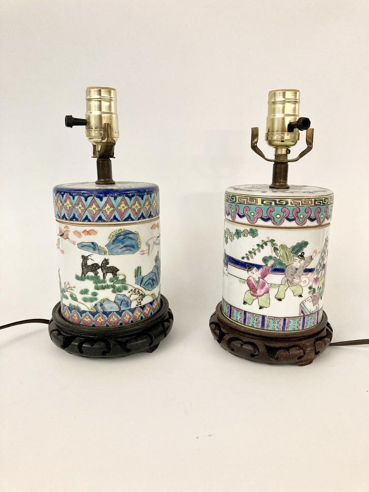 TWO CHINESE POLYCHROMED PORCELAIN LIFT-COVER CYLINDRICAL JARS DRILLED AND MOUNTED AS TABLE LAMPS, - (1 of 7)