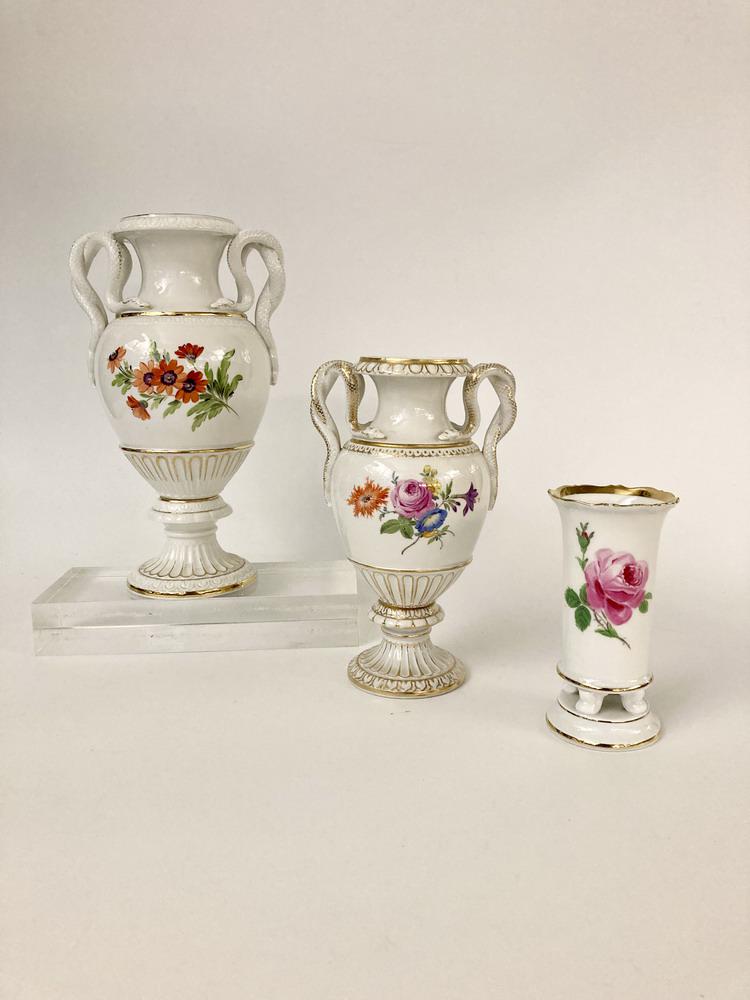 TWO GRADUATED MEISSEN POLYCHROMED PORCELAIN PEDESTAL-BASE VASES AND A CYLINDRICAL VASE, - Tallest, (1 of 4)