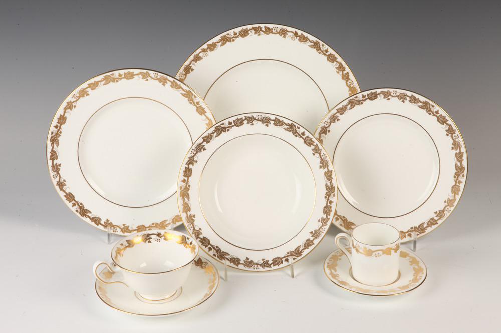 106-PIECE SERVICE WEDGWOOD "WHITEHALL" PATTERN BONE CHINA TABLEWARE,: 106-PIECE SERVICE WEDGWOOD "WHITEHALL" PATTERN BONE CHINA TABLEWARE. INcluding 12 dinner plates, 12 luncheon plates, 12 salad/dessert plates, 12 soup bowls, 12 bread-and-butter plates, 10 teacups, 12 