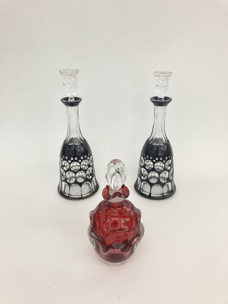 THREE CONTINENTAL COLORED CUT-TO-COLORLESS CRYSTAL DECANTERS. - Pair, H: 13 3/4". (1 of 3)