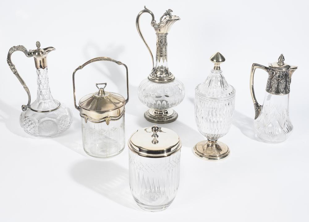 SIX ASSORTED COLORLESS CUT CRYSTAL GLASS TABLE VESSELS, VARIOUSLY WITH SILVER AND SILVER-PALTED (1 of 1)
