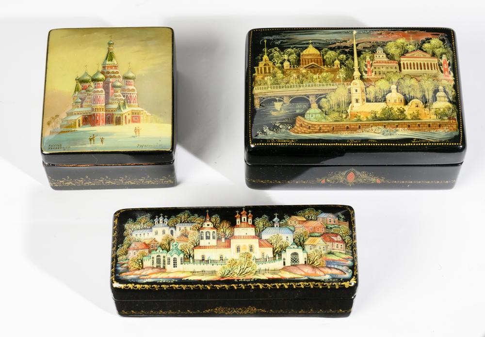 THREE RUSSIAN PAINTED AND BLACK LACQUERED MINIATURE RECTANGULAR BOXES. - Largest, 3 1/2" x 2 3/8". (1 of 1)