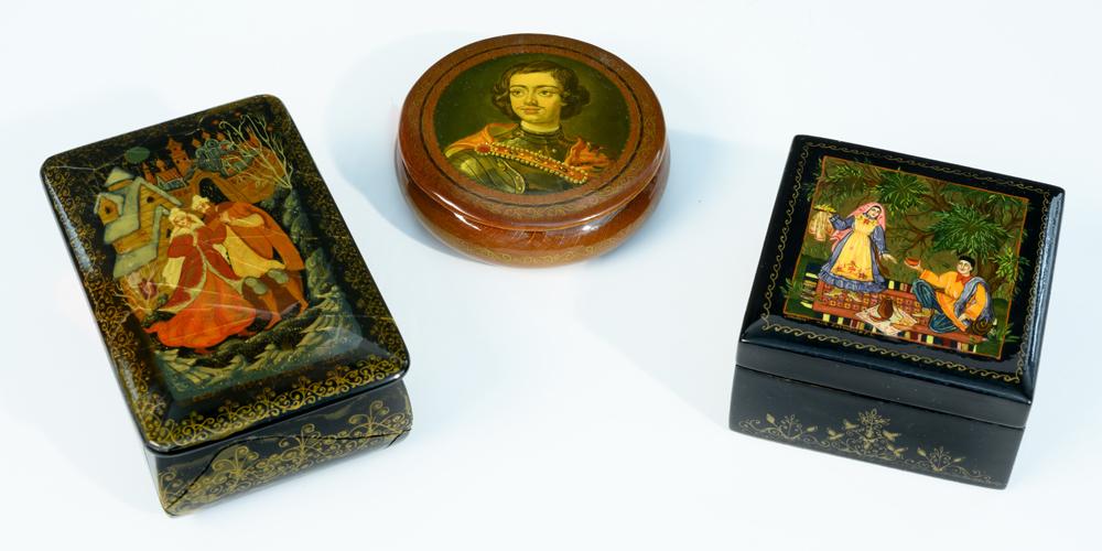 THREE RUSSIAN PAINTED AND BLACK LACQUERED MINIATURE BOXES. - Largest, 4" x 2 5/8". (1 of 1)