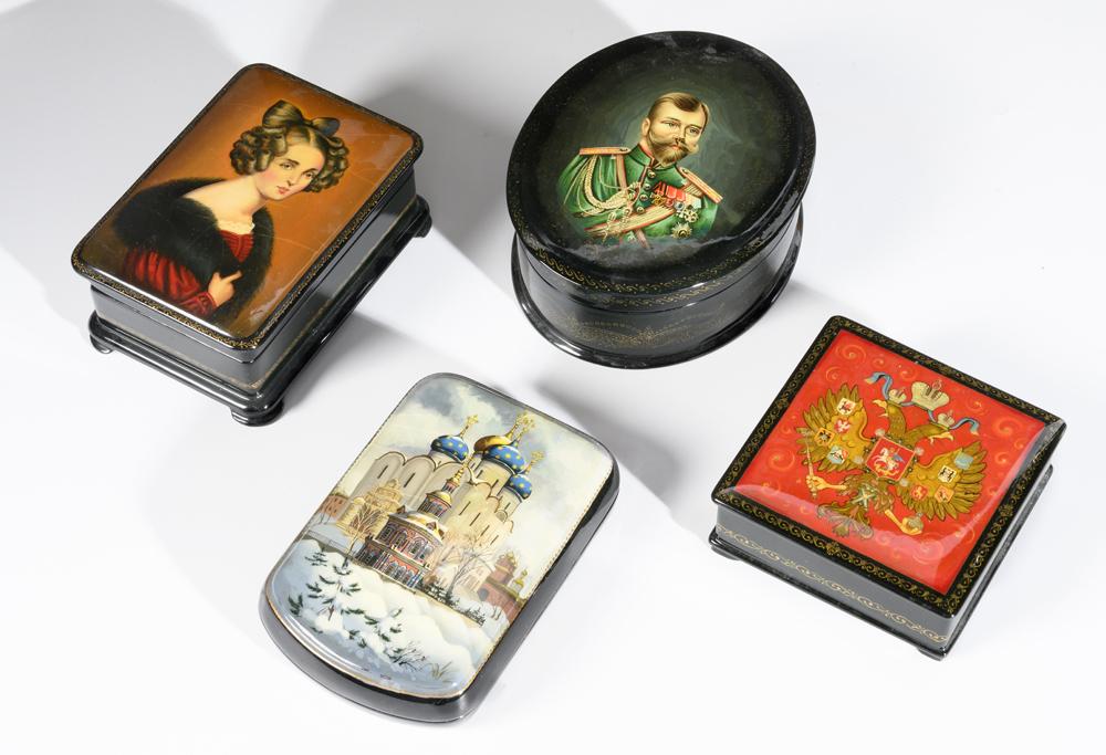 FOUR RUSSIAN PAINTED AND BLACK-LACQUERED HINGED-TOP BOXES, (1 of 1)