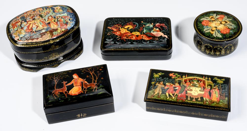 FIVE ASSORTED RUSSIAN PAINTED AND BLACK LACQUERED MINIATURE BOXES. - Largest, 4 3/4" x 4". (1 of 1)