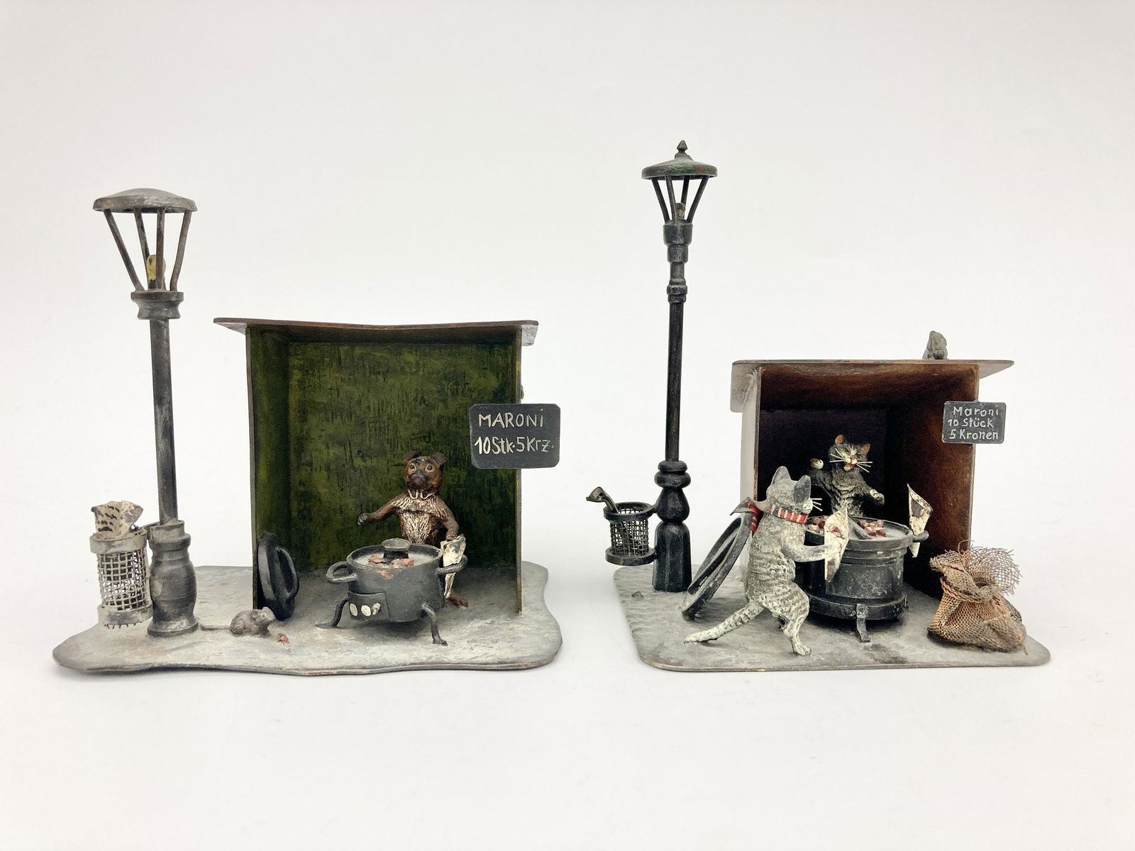 TWO AUSTRIAN MINIATURE COLD CAST BRONZE AND PAINTED METAL CATS AND DOG "STREET VENDOR" WHIMSICAL (1 of 4)