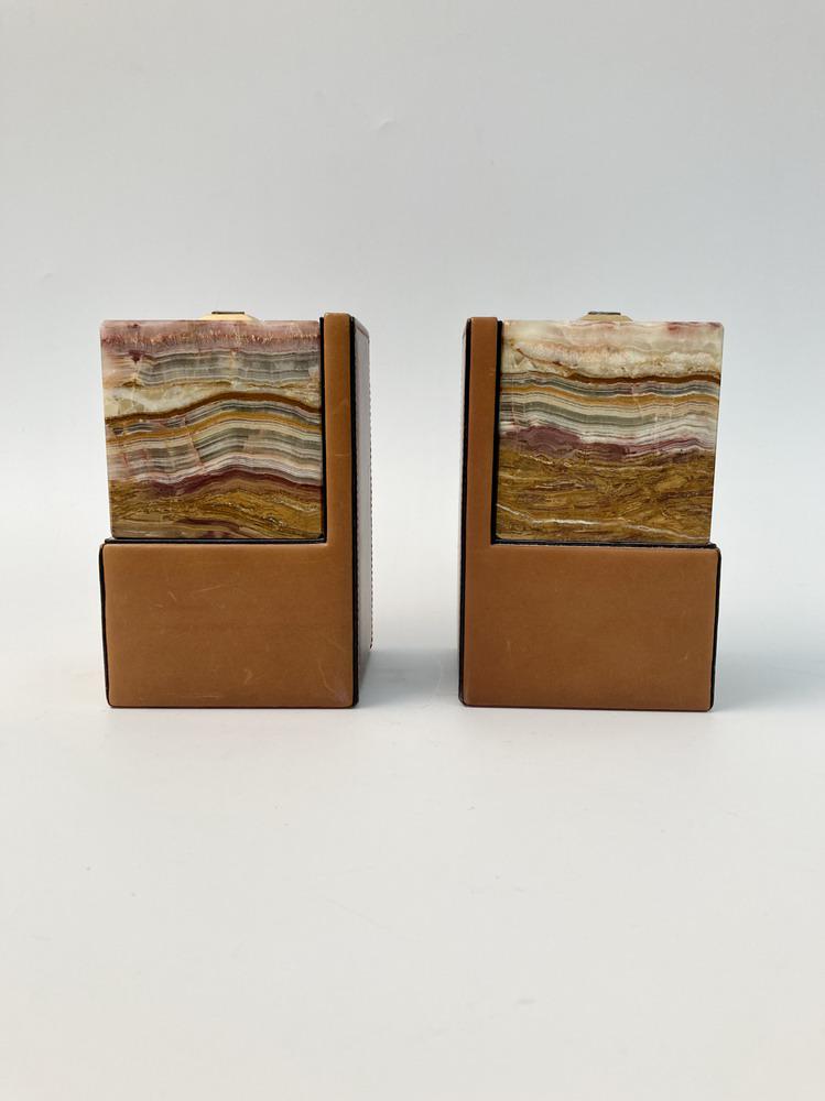 PAIR MARC CROSS LEATHER AND MARBLE RECTANGULAR BLOCK BOOKENDS WITH APPLIED LION HEAD MOTIF TO TOP, (1 of 7)