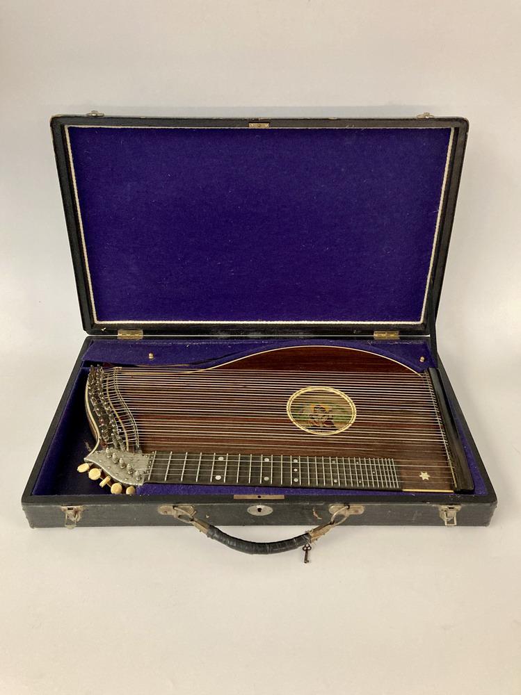 EARLY 20TH CENTURY GERMAN ROSEWOOD ZITHER IN FITTED CASE. - L: 23". (1 of 11)