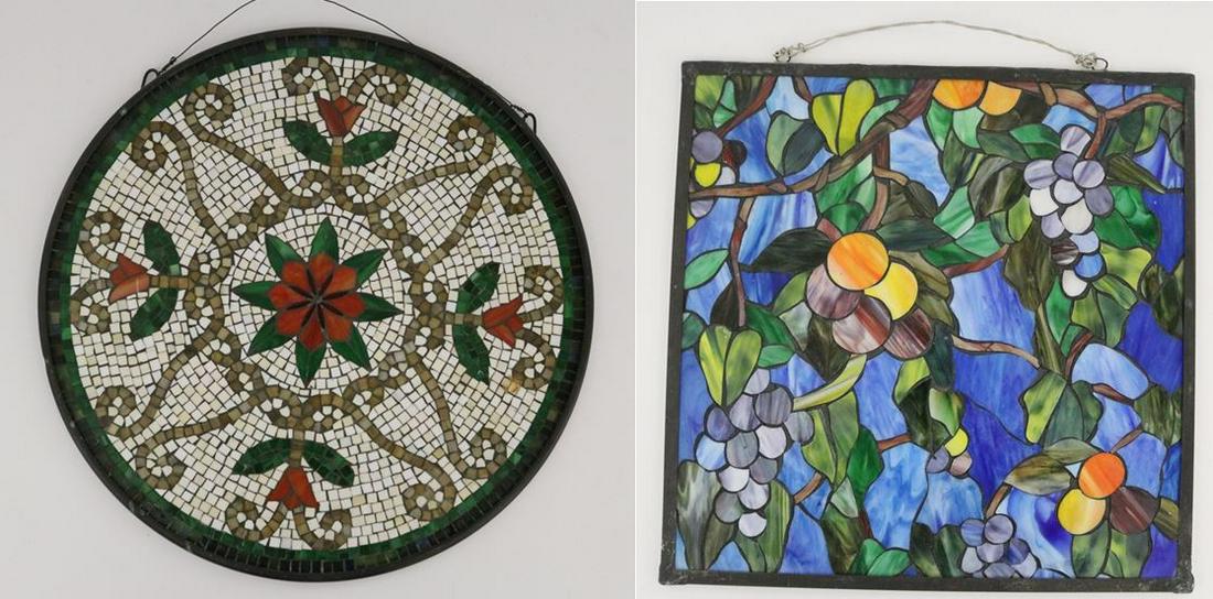 A PAIR OF FLORAL STAINED GLASS WINDOW PANELS. (1 of 10)