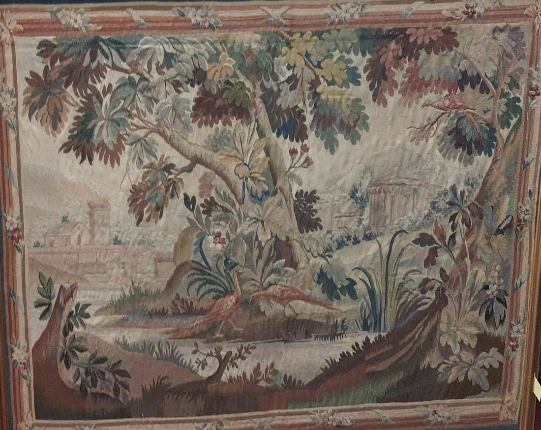 18TH-19TH CENTURY TAPESTRY DEPICTING PHEASANTS ALONGSIDE BLOSSOMING TREE ON RIVER BANK, - Framed. (1 of 13)