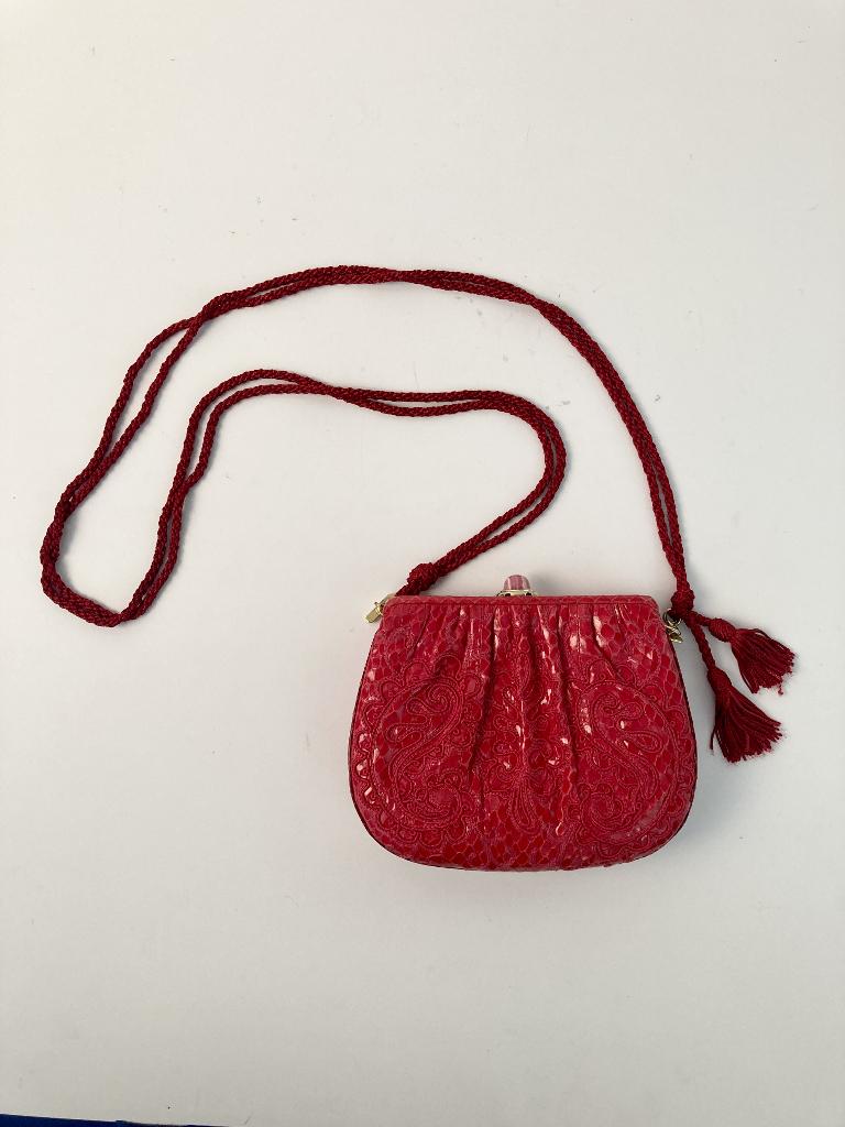 JUDITH LEIBER EMBROIDRED RED SNAKESKIN EVENIGN BAG, Made in Italy.: JUDITH LEIBER EMBROIDRED RED SNAKESKIN EVENIGN BAG, Made in Italy. All-over chain stitch embroidery exterior; red satin interior; gold hardware; pink marble cabochon closure set in gold-tone accented