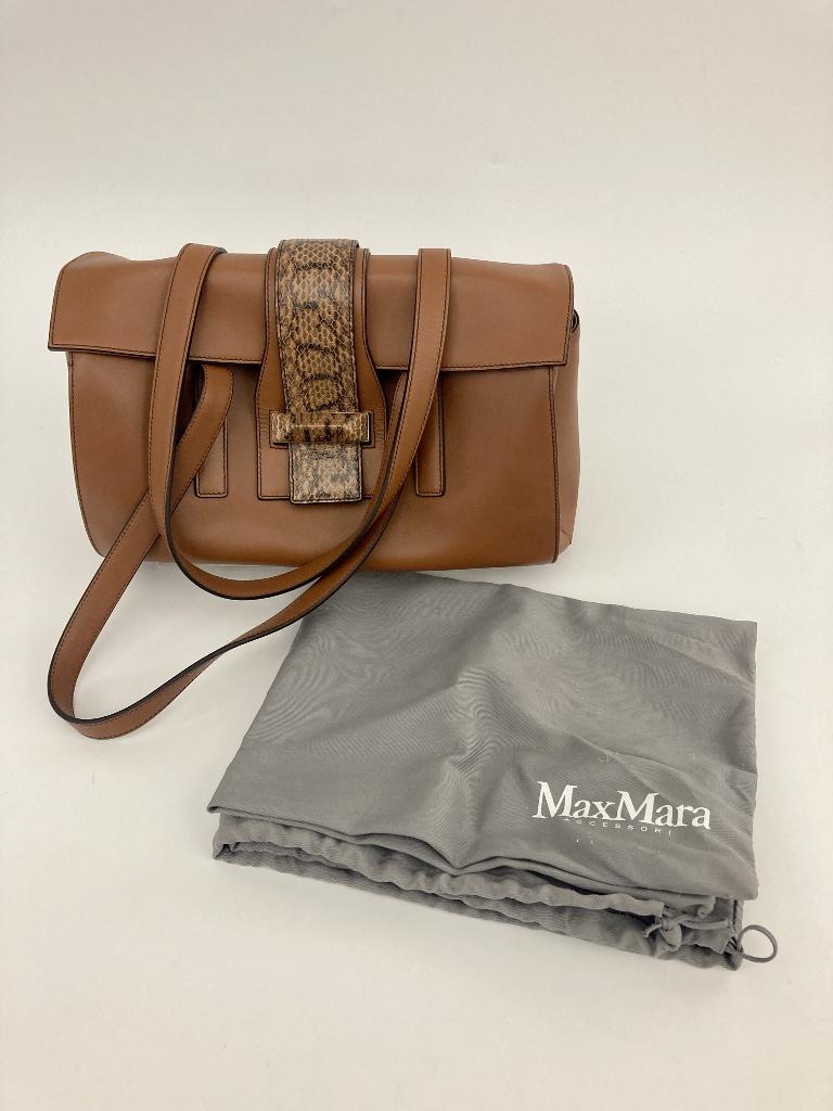 MAX MARA MEDIUM BROWN LEATHER TOTE OR SHOULDER BAG WITH SNAKESKIN ACCENTS,: MAX MARA MEDIUM BROWN LEATHER TOTE OR SHOULDER BAG WITH SNAKESKIN ACCENTS. Black interior with zippered pockets.Mold residue