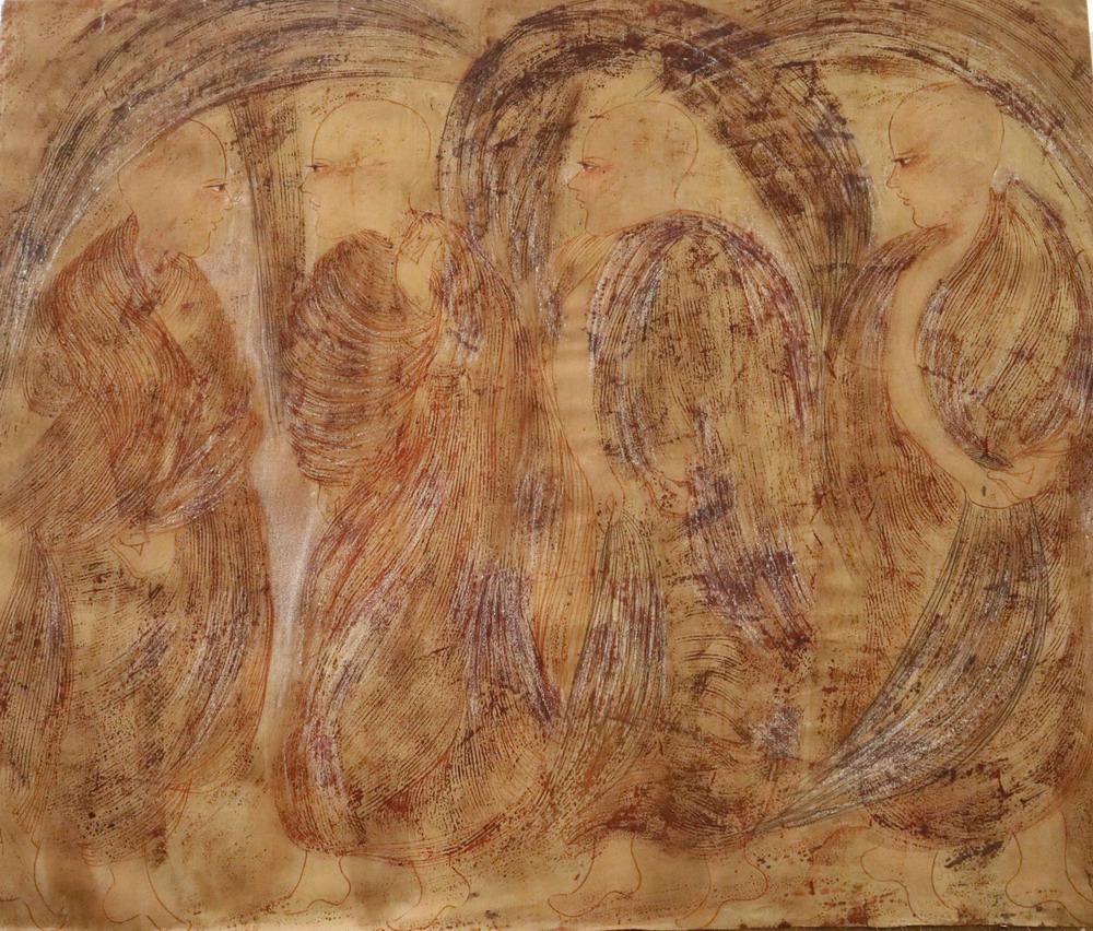 INDIAN SCHOOL. (20th Century). Four Monks, Mixed media on Canvas. Unframed.  . (1 of 4)