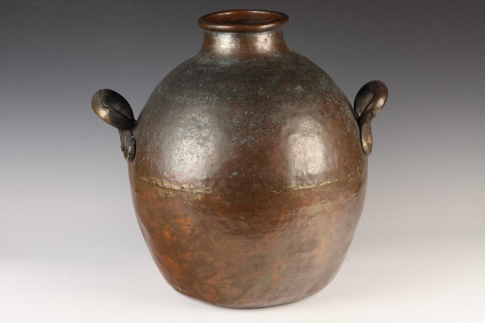 ANTIQUE MID-EASTERN SILVERED COPPER OVOID VESSEL WITH PAIR PROJECTING HANDLES, - H: 17 1/2 in. (1 of 1)