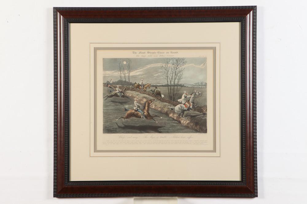 AFTER HENRY THOMAS ALKEN (British, 1785 â€“ 1851). set of four "The First Steeple-chase on Record",: AFTER HENRY THOMAS ALKEN (British, 1785 â€“ 1851). set of four "The First Steeple-chase on Record", colored lithograph depicting the first steeple-chase race on record. Plate I is titled "Ipswich