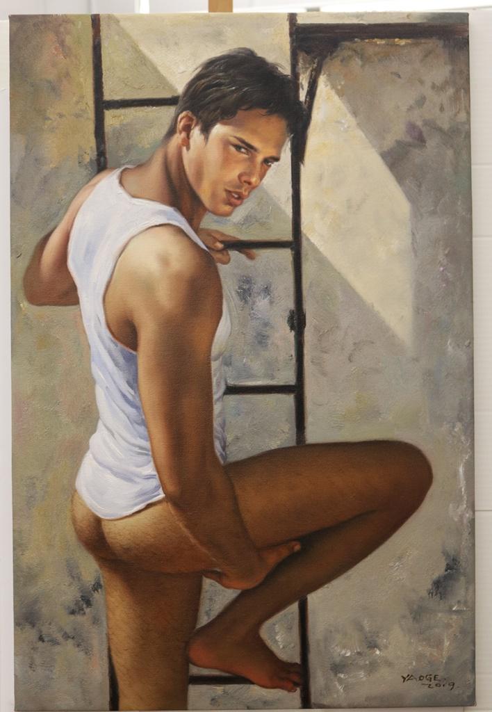 YAOGE (Chinese, born 1982). Ladder Climber, 2019, [LGBTQ+ INTEREST] Oil on canvas. Signed and dated (1 of 4)
