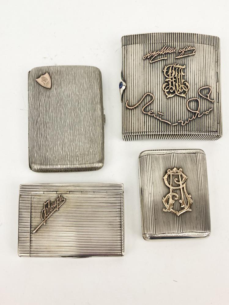 FOUR SILVER CIGARETTE CASES VARIOUSLY WITH APPLIED YELLOW GOLD MONOGRAMS, NAMES, AND ARMORIAL (1 of 15)