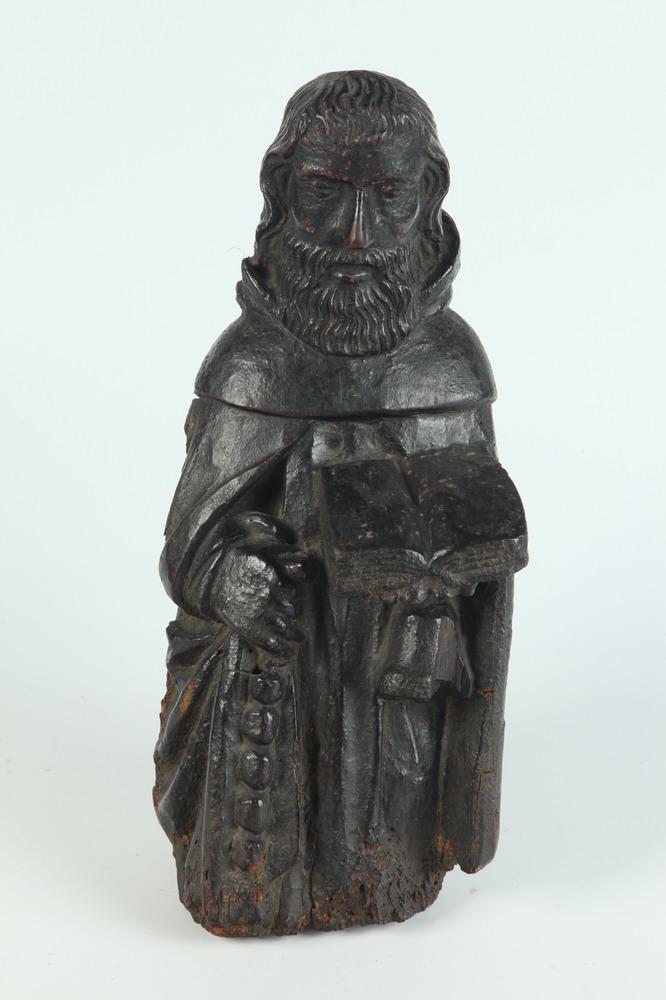 16TH CENTURY ENGLISH CARVED OAK ECCLESIASTICAL FIGURE CARRYING STAFF, OPEN PRAYER BOOK AND BELL. - (1 of 11)