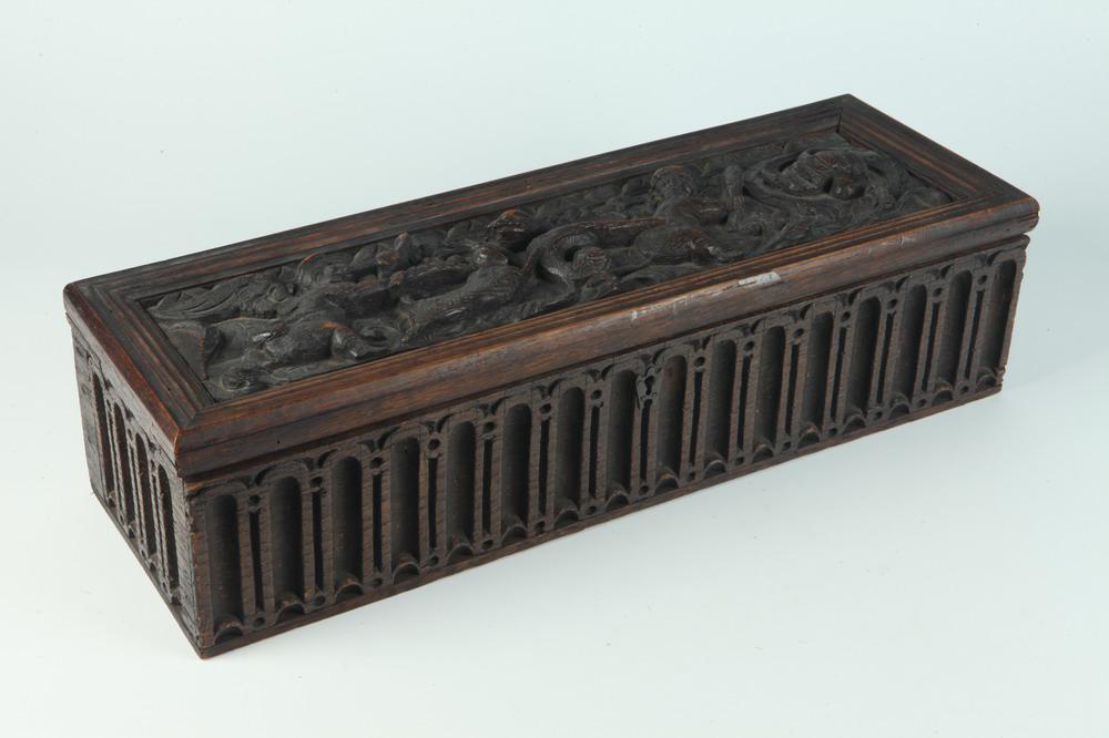 RENAISSANCE CARVED OAK FIGURAL PANEL FITTED AS COVER TO 19TH CENTURY CARVED OAK HINGED-TOP BOX. - H: (1 of 4)