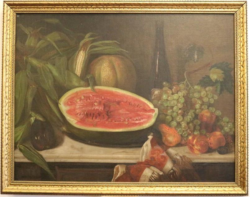 AMERICAN NAÃVE SCHOOL (Late 19th century). Still Life with Watermelon, 1882, Oil on canvas. (1 of 4)