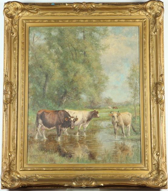 DANIEL F. WENTWORTH (American, 1850-1934). Watering Hole, circa 1890, Oil on canvas. Signed lower (1 of 2)
