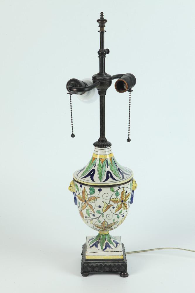 VINTAGE ITALIAN NEOCLASSICAL HAND-PAINTED CERAMIC URN FORM, TWO-LIGHT TABLE LAMP. - Overall, to top (1 of 1)
