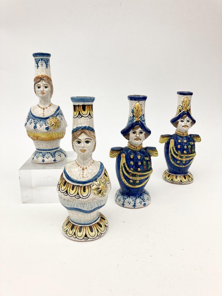 TWO PAIRS FRENCH FAIENCE TYPE FIGURAL-PAINTED CANDLESTICKS. (1 of 14)
