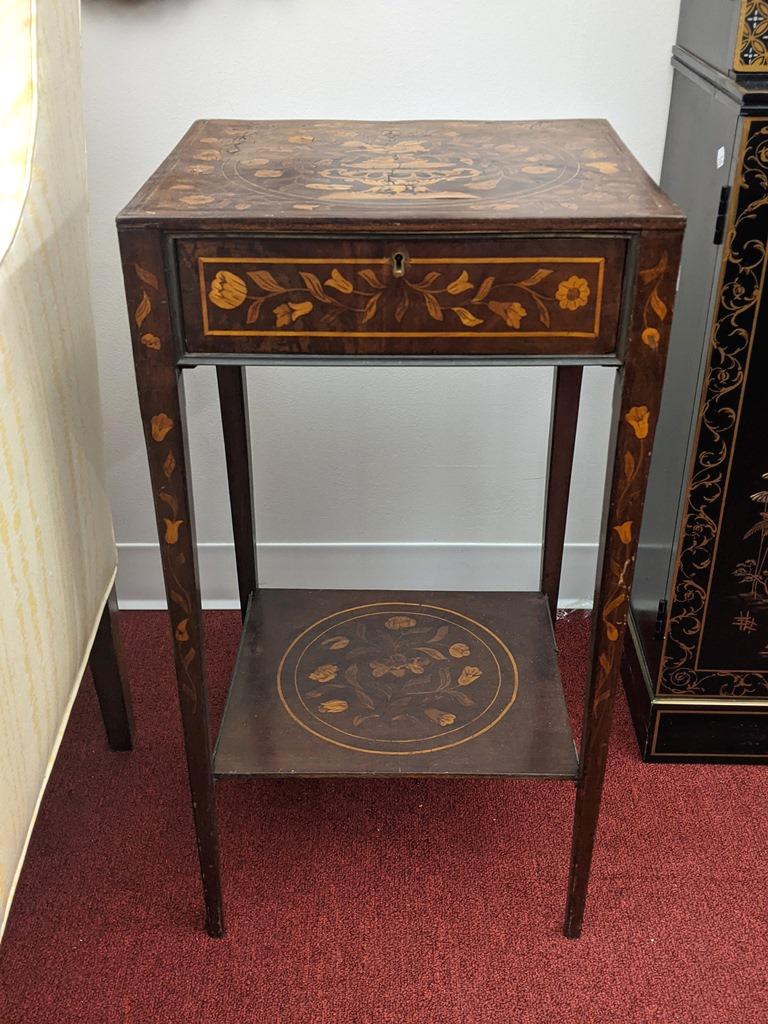 DUTCH MARQUETRY INLAID ONE-DRAWER STAND WITH MEDIAL SHELF, (1 of 2)