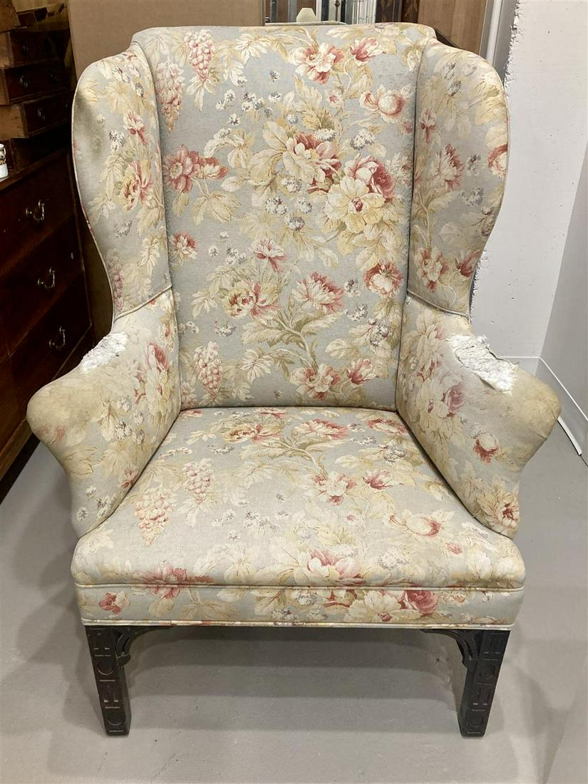 CHIPPENDALE-STYLE WING CHAIR WITH CARVED MAHOGANY FRAME, 19th century.: CHIPPENDALE-STYLE WING CHAIR WITH CARVED MAHOGANY FRAME, 19th century. Requires re-upholstery