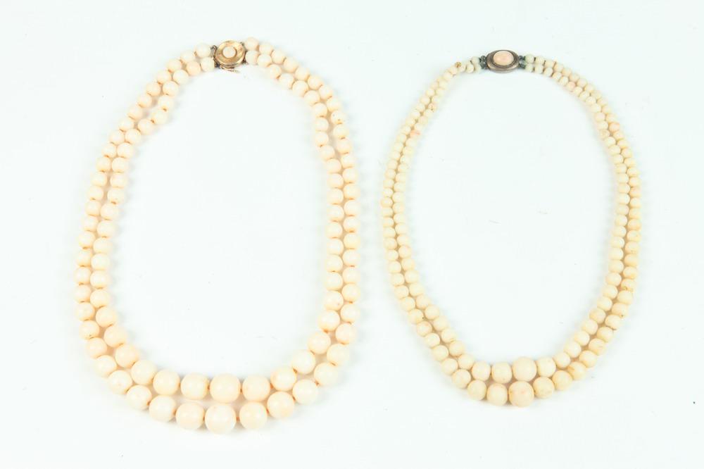 TWO GRADUATED WHITE CORAL BEAD CHOKERS. (1 of 1)