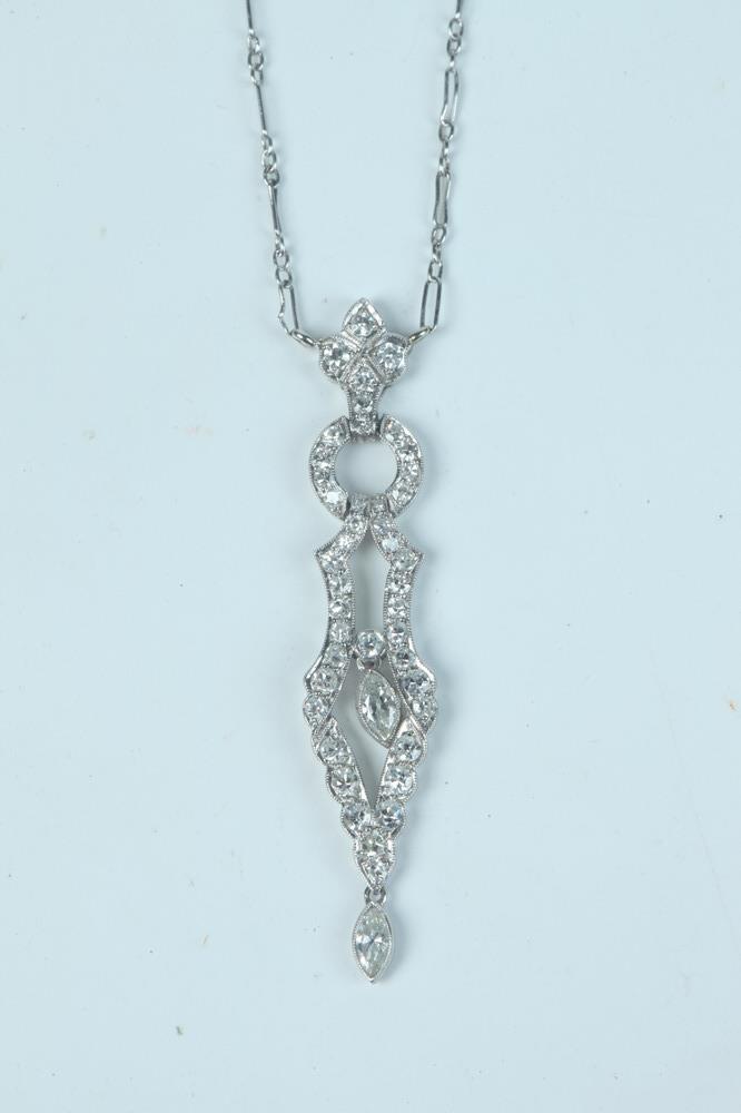 PLATINUM AND DIAMOND LAVALIERE TYPE PENDANT ON CHAIN. - Pendant, L: 1 7/8"; chain, L: 18". (1 of 1)