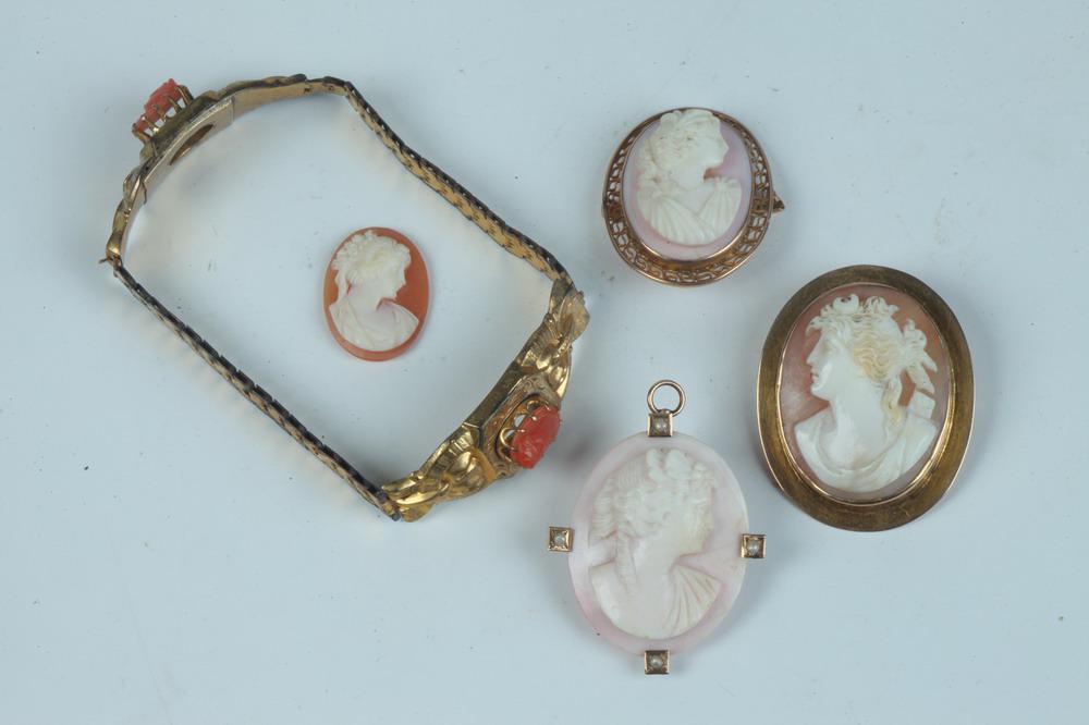 FIVE ITEMS VICTORIAN CAMEO JEWELRY. - Largest pin, L: 1 3/8". (1 of 1)