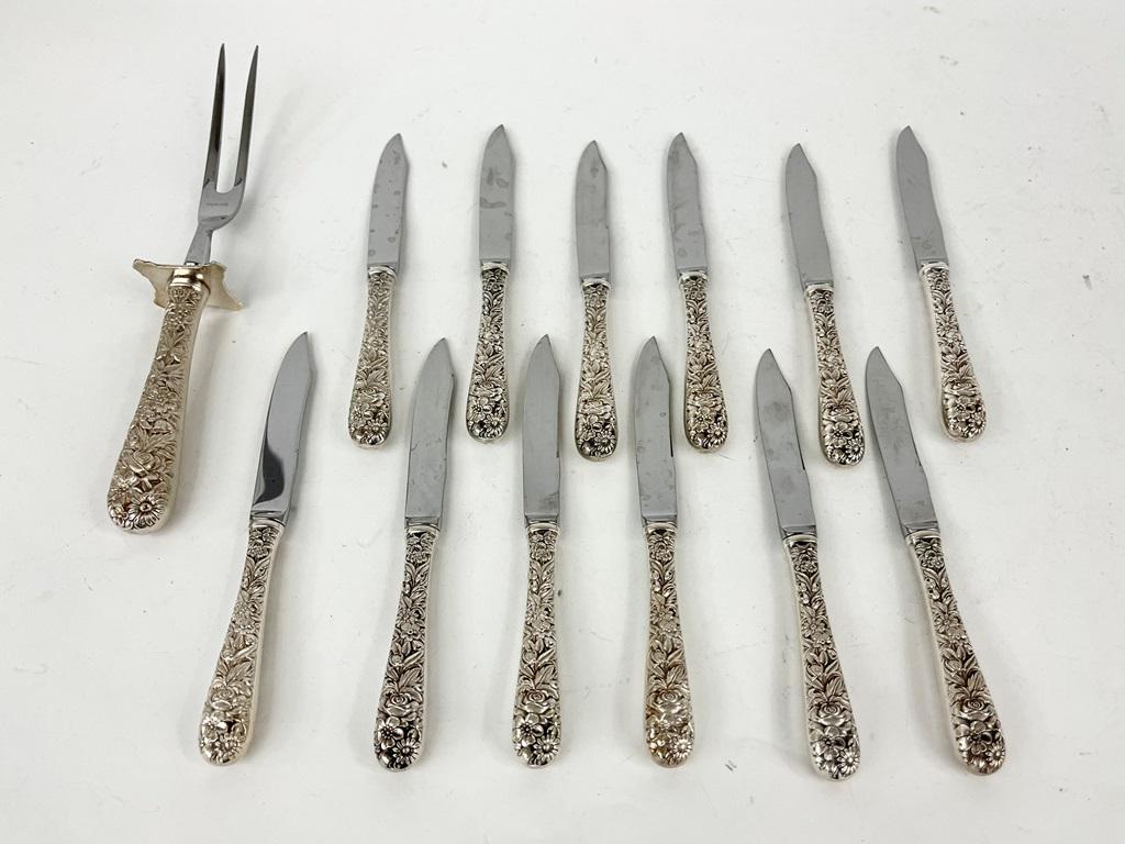 SET TWELVE KIRK CO. FRUIT KNIVES WITH STERLING SILVER FLORAL REPOUSSE HANDLES, AND A S. KIRK AND SON (1 of 4)