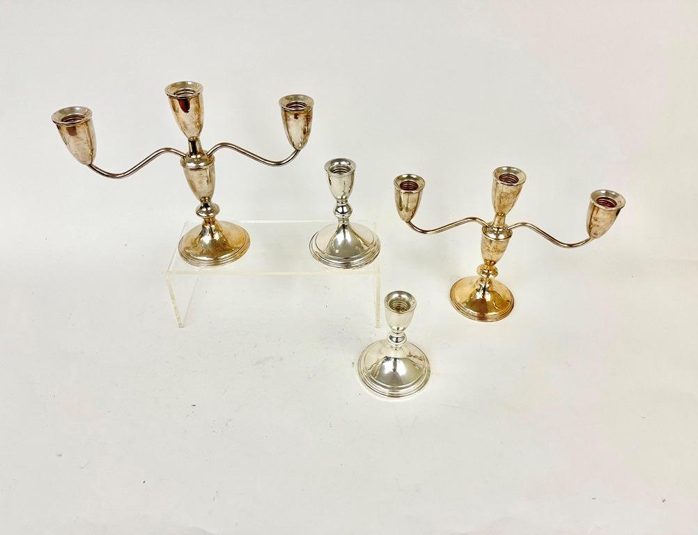 SIX-PIECE EMPIRE CO. WEIGHTED STERLING CANDLESTICK SET, - Overall, H: 8". (1 of 3)
