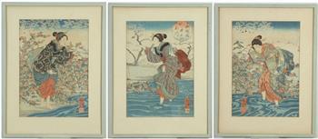 UTAGAWA KUNIYOSHI (Japanese, 1797 - 1861). Untitled Triptych Series of Six Jewel Rivers (Mu (1 of 7)