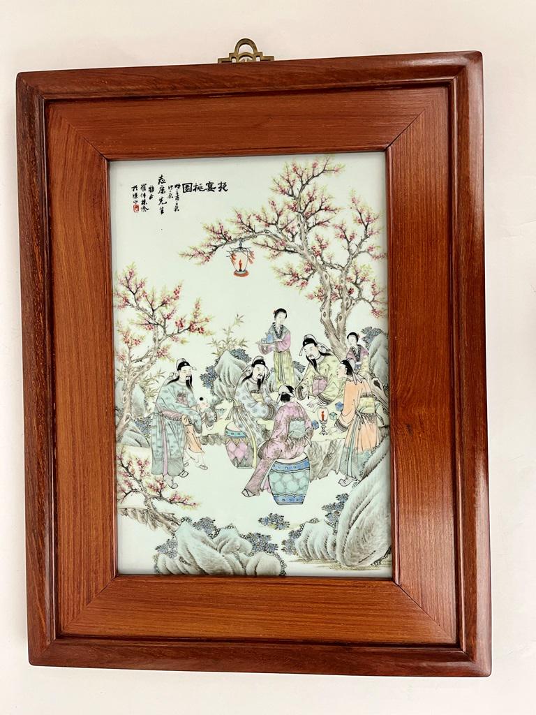 CHINESE FLORAL DECORATE PORCELAIN PANEL IN TEAKWOOD FRAME, (1 of 8)