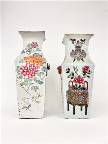 NEAR PAIR CHINESE FAMILLE ROSE FLORAL AND CHARACTER DECORATED PORCELAIN SQUARE SIDED VASES. -: NEAR PAIR CHINESE FAMILLE ROSE FLORAL AND CHARACTER DECORATED PORCELAIN SQUARE SIDED VASES. - Taller, H: 16 1/2.".