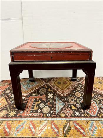 CHINESE GILT-FLORAL PAINTED AND RED LACQUERED HINGED-TOP BOX ON FITTED STAND. - H: 18 1/2"; 22 1/4" (1 of 8)
