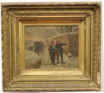 CONTINENTAL SCHOOL (Late 19th Century). Posting the Guard, Oil on canvas. Signed possibly as "A.: CONTINENTAL SCHOOL (Late 19th Century). Posting the Guard, Oil on canvas. Signed possibly as "A. Balgard" lower left hand corner. Framed. - 8" x 10"; Frame: 15" x 17"