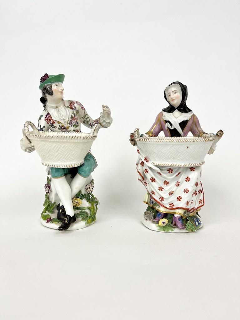 PAIR ANTIQUE MEISSEN POLYCHROME DECORATED PORCELAIN FIGURES OF SEATED MALE AND FEMALE FIGURES (1 of 16)