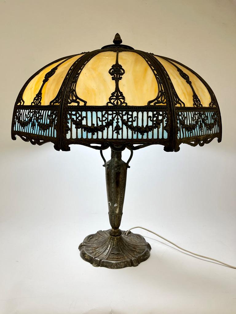 EDWARDIAN SLAG GLASS TWO-LIGHT TABLE LAMP WITH CAST METAL BASE, (1 of 11)