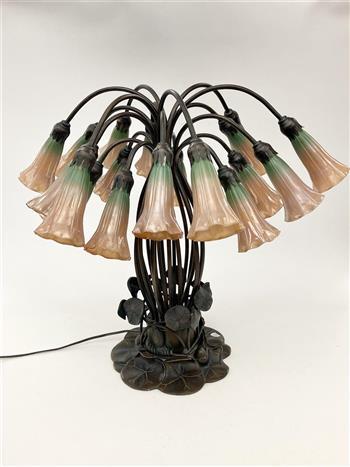 TIFFANY-INSPIRED TWELVE-LIGHT LILY ART GLASS TABLE LAMP. - H: 23 in. (1 of 7)