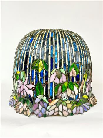 TIFFANY TYPE SLAG ART GLASS SHADE, - H: 14 1/3 in.; D: 18 1/2 in.: TIFFANY TYPE SLAG ART GLASS SHADE. Various color floral tiles comprising deep domed shade - H: 14 1/3 in.; D: 18 1/2 in.