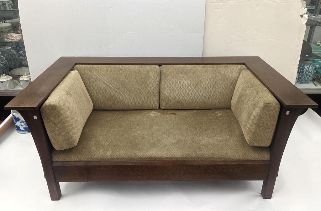 STICKLEY CO. MISSION-STYLE OAK LOVESEAT WITH LOOSE SEAT AND BACK CUSHIONS. late 20th century. - H:: STICKLEY CO. MISSION-STYLE OAK LOVESEAT WITH LOOSE SEAT AND BACK CUSHIONS. late 20th century. - H: 29 in.; W: 67 in.; D: 37 1/2 in.